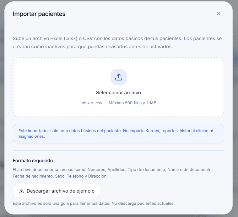 Importación de pacientes desde Excel